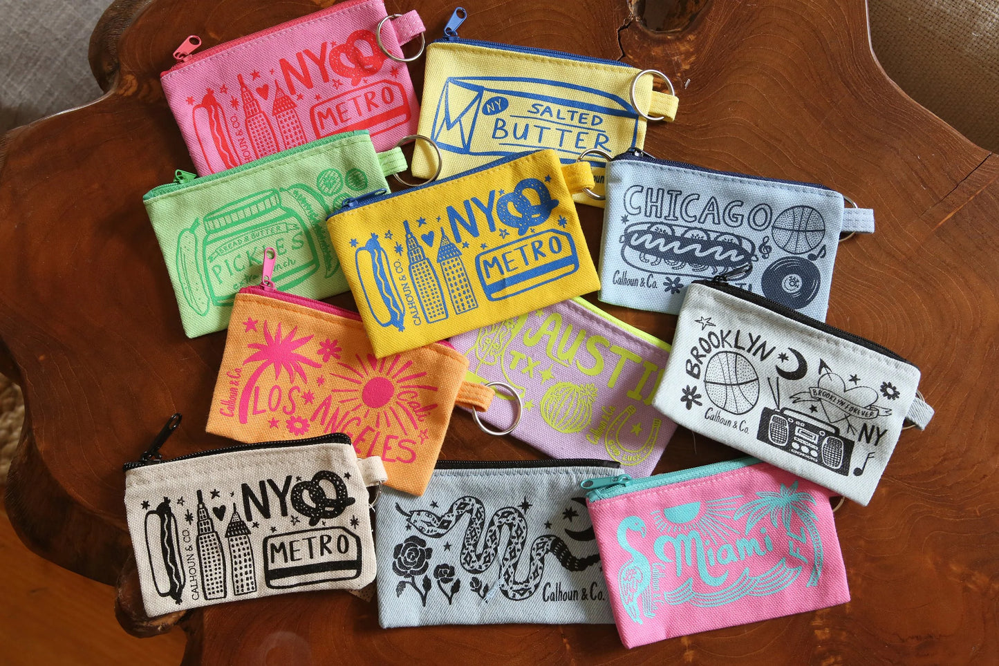 Calhoun & Co New York BROOKLYN SCREEN PRINTED ZIPPER CARD POUCH WITH KEYRING