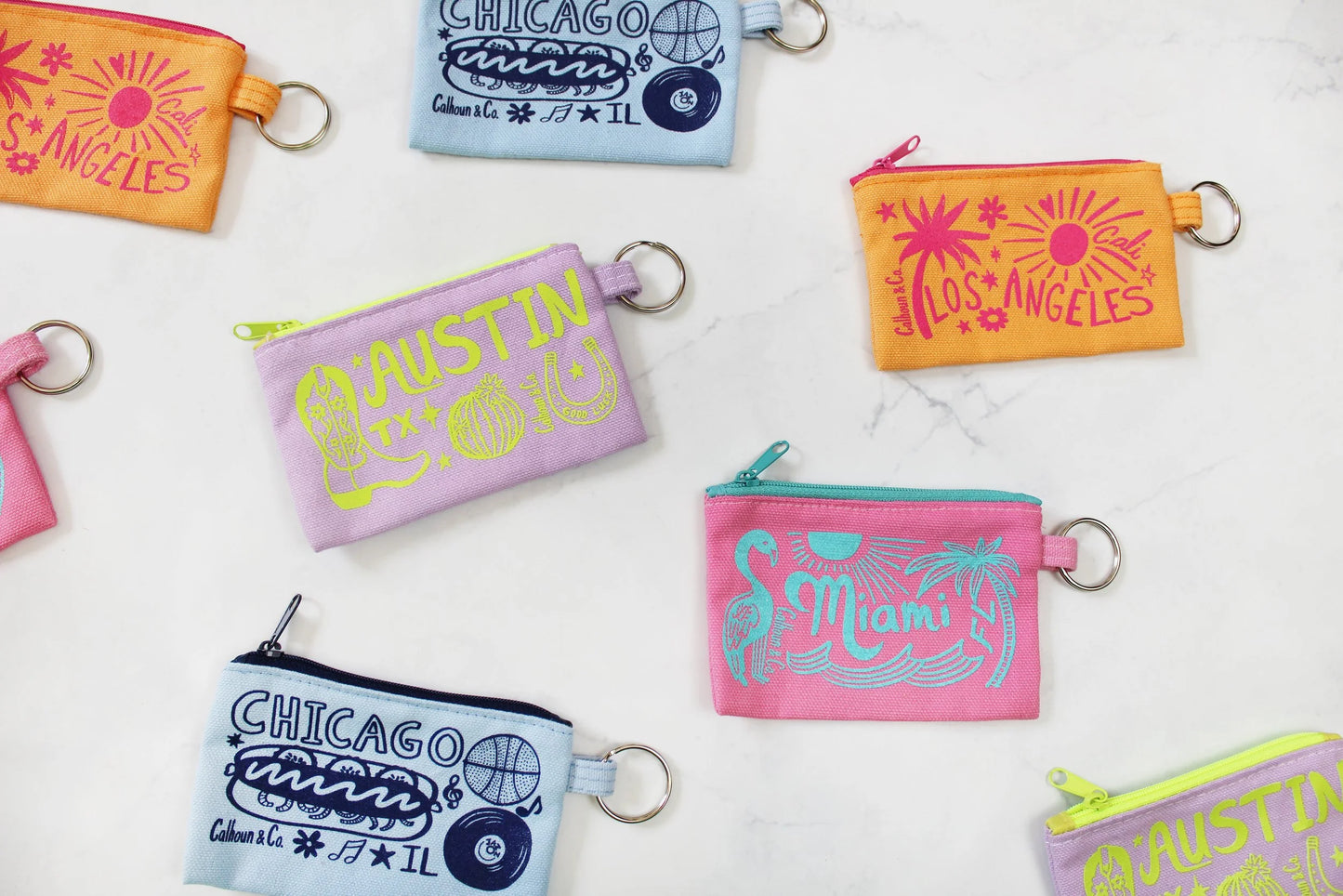 Calhoun & Co New York AUSTIN SCREEN PRINTED ZIPPER CARD POUCH WITH KEYRING
