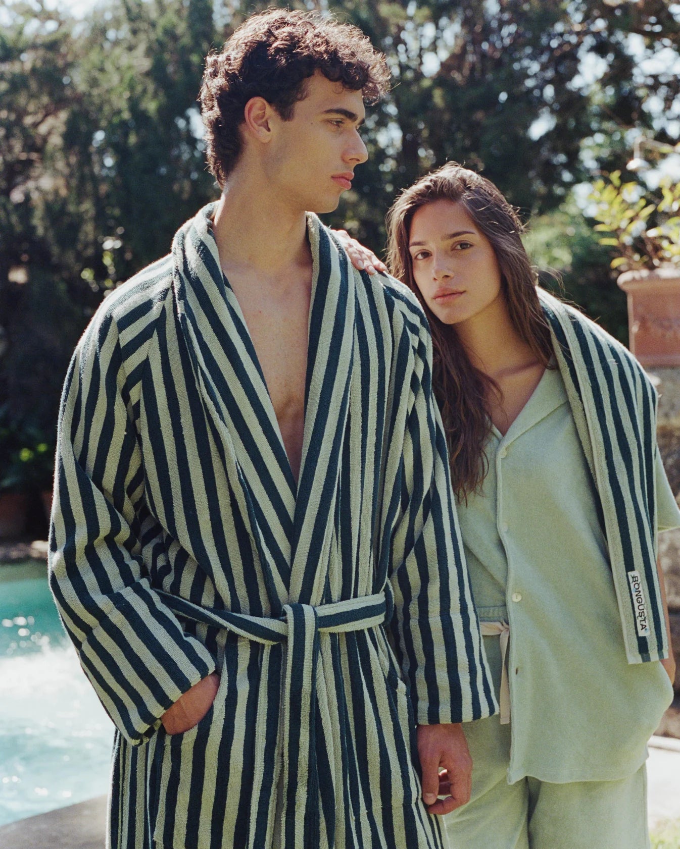 Bongusta - Naram Bathrobe - sea foam & deep teal