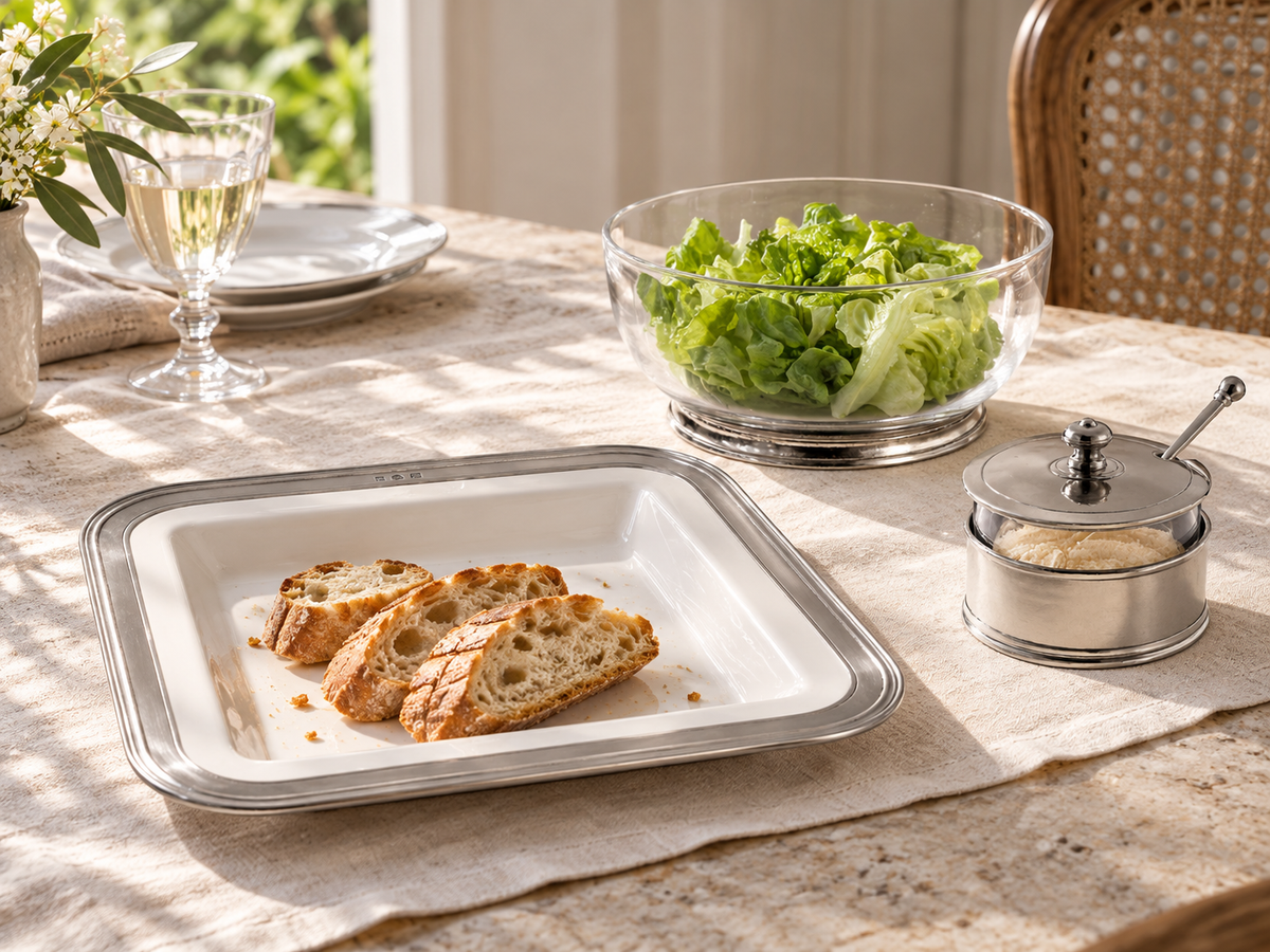 Cosi Tabellini GIANNA Square serving platter 30x30cm, Cosi Tabellini VELLETRI Bowl cm Ø 18,5, Cosi Tabellini GENOVA Parmesan dish with spoon cm Ø 11 x h 9 – KI-generierte Styling-Idee; Dekoration und weitere Produkte nicht im Lieferumfang.