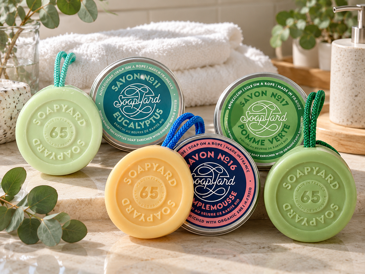 SoapYard Eucalyptus 11, SoapYard Grapefruit 16, SoapYard Green Apple 17 – KI-generierte Styling-Idee; Dekoration und weitere Produkte nicht im Lieferumfang.