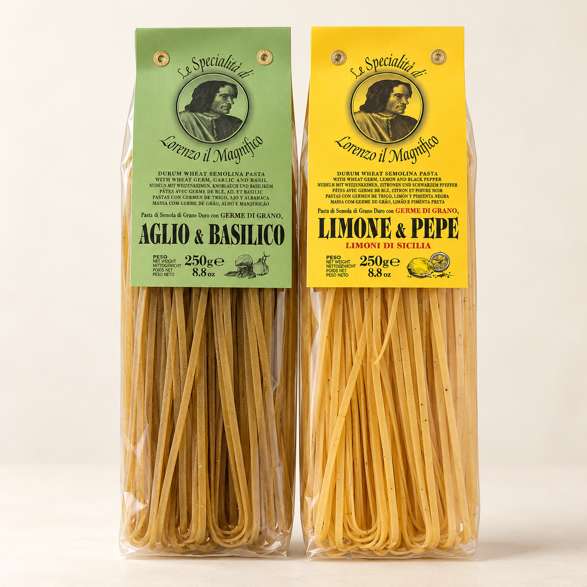 Lorenzo il Magnifico Linguine 2er Set aus Aglio & Basilico und Limone & Pepe auf hellem Hintergrund